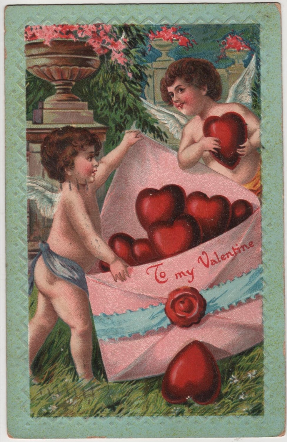 Valentines Day Postcard, Cherubs Stuffing Hearts into Huge Pink Envelope c.1910
