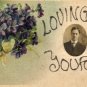 Valentines Day Postcard, Lovingly Yours with Bouquet of Violets and Glitter, Tiny Real Photo c.1910