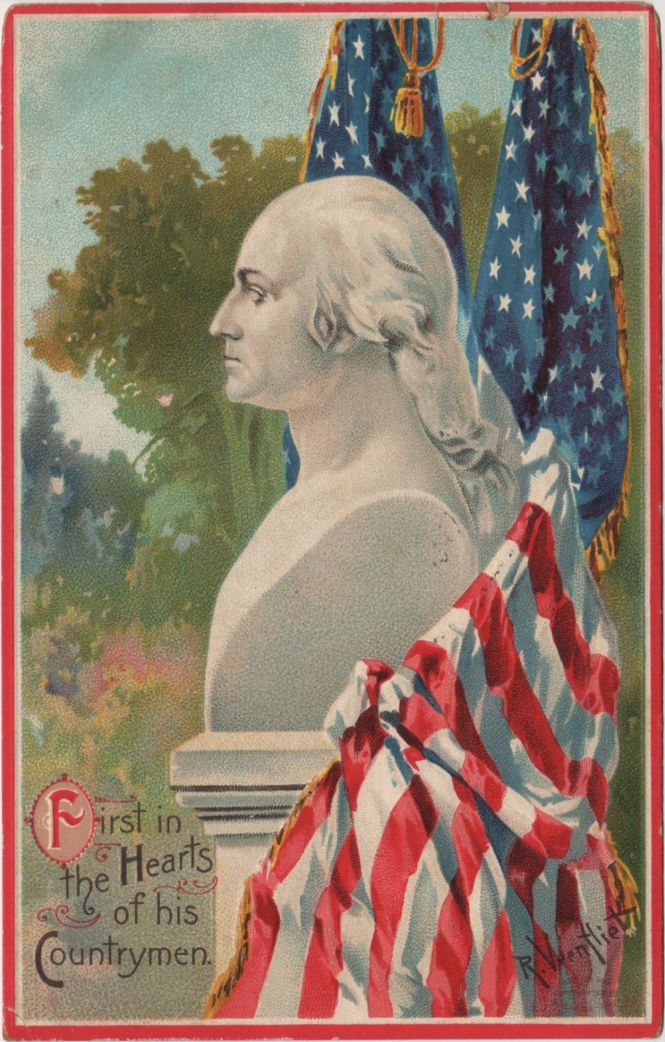 George Washington Bday Postcard, Bust & Flags  c.1910