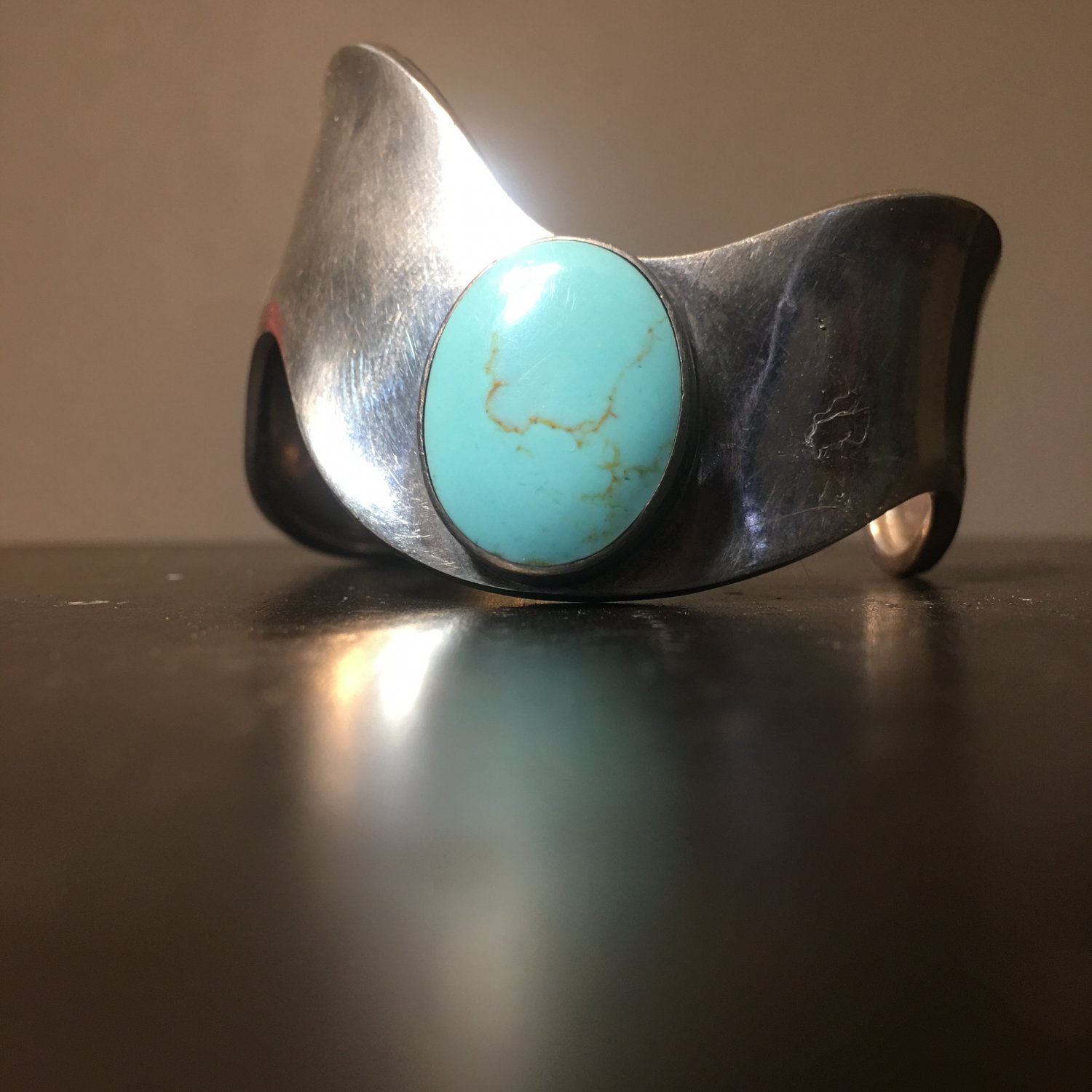 Cuff Bracelet, Sterling Silver & Turquoise, Wavy