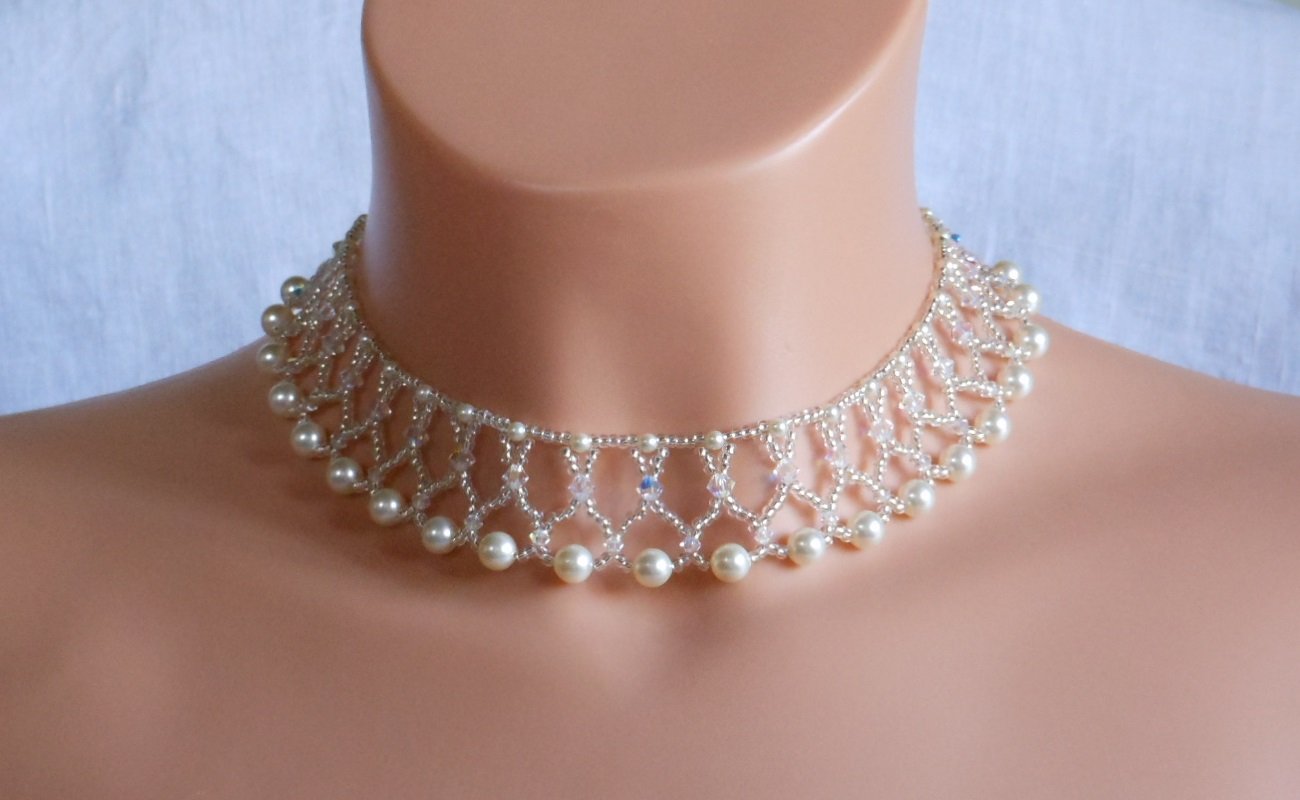 Swarovski Cream Pearl Bridal Necklacewoven Bridal Necklace Swarovski Crystal Bridal Necklace 