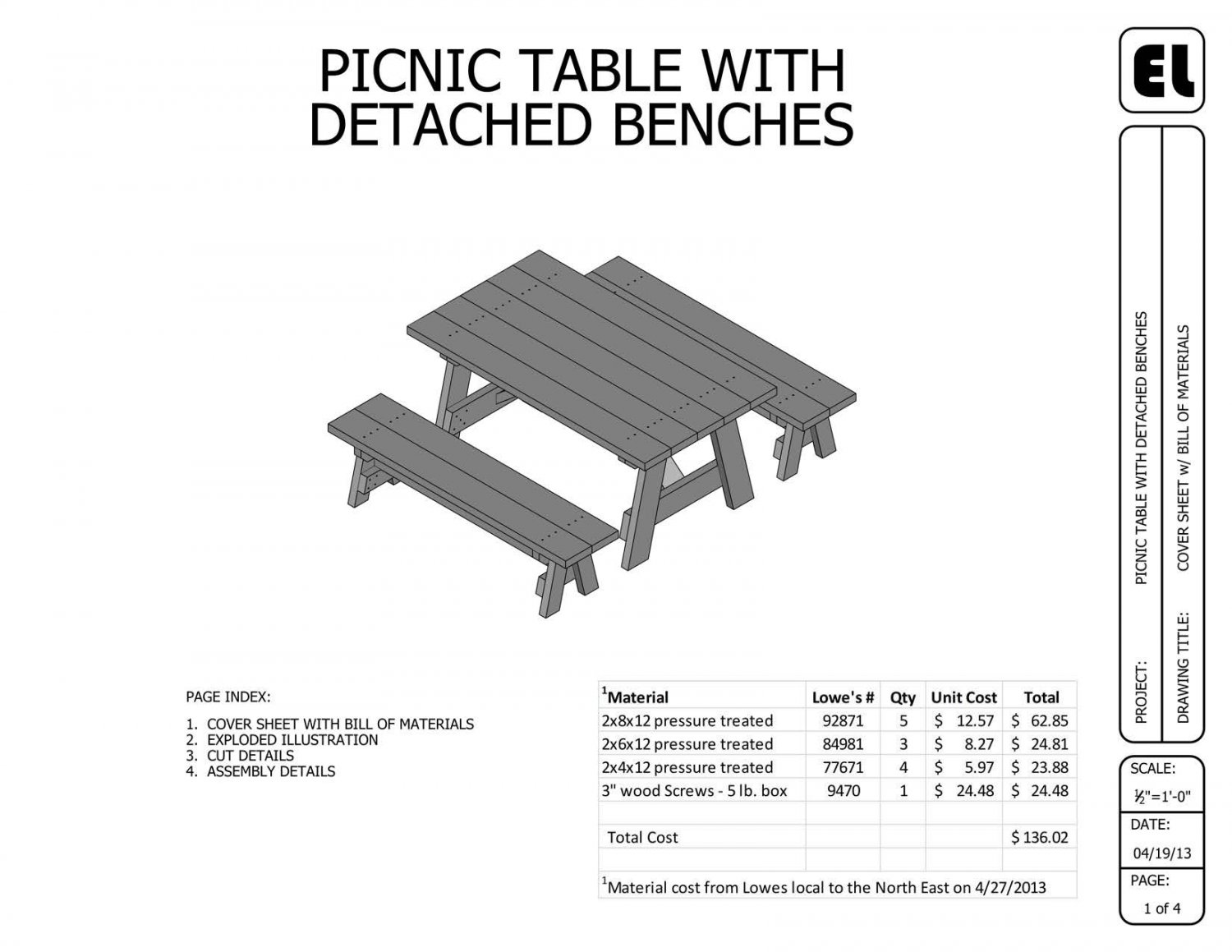 6' Picnic Table and Benches Building Plans Blueprints DIY 