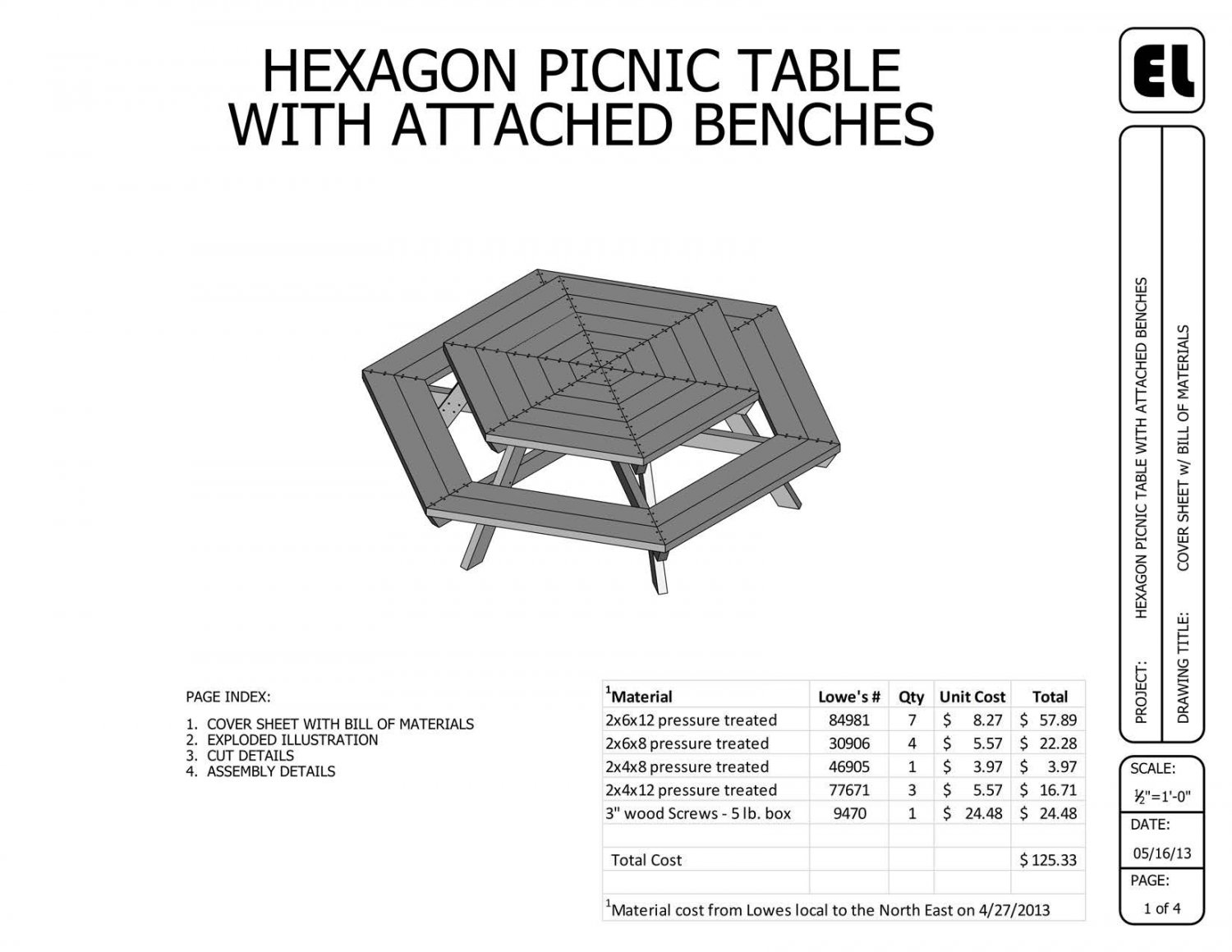 5' Hexagon Picnic Table Building Plans Blueprints DIY Do ...