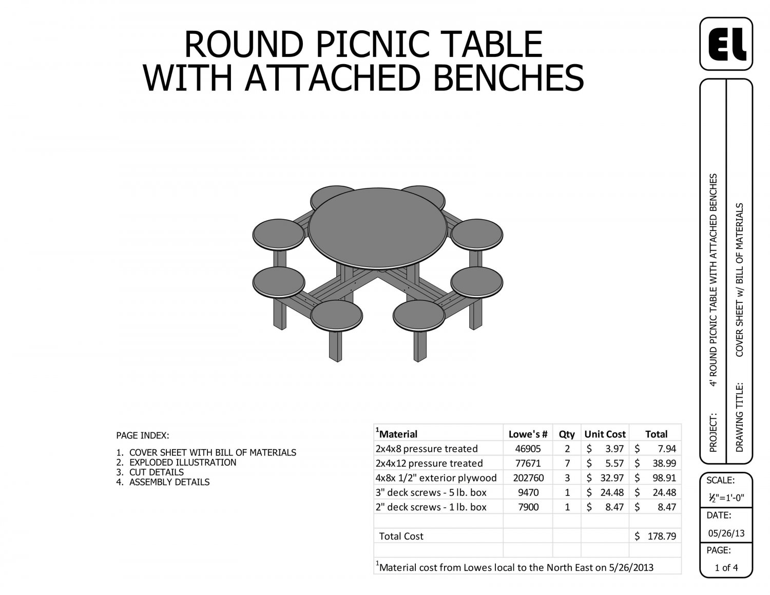 4' Round Picnic Table Building Plans Blueprints DIY Do-It ...