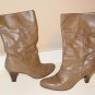 Vintage womens taupe leather boots wood heel mid calf Size 6N