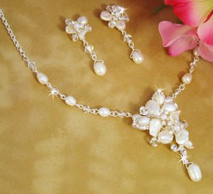 New! Keshi and Freshwater Pearl Floral Silver Plated Bridal Wedding Jewelry