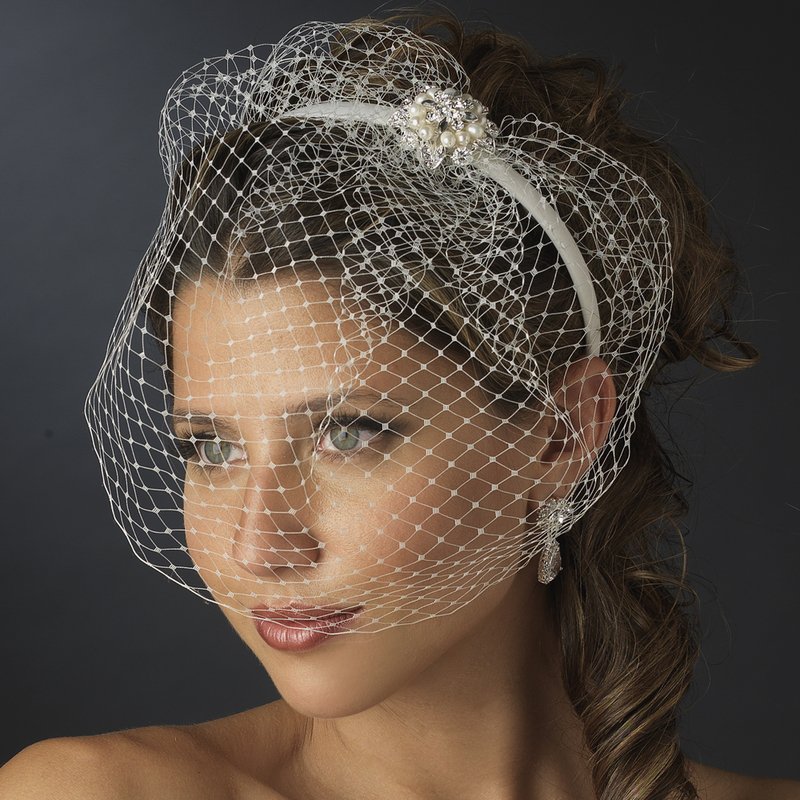 Ivory Wedding Bridal Headband With Birdcage Veil And Pearl Side Ornament