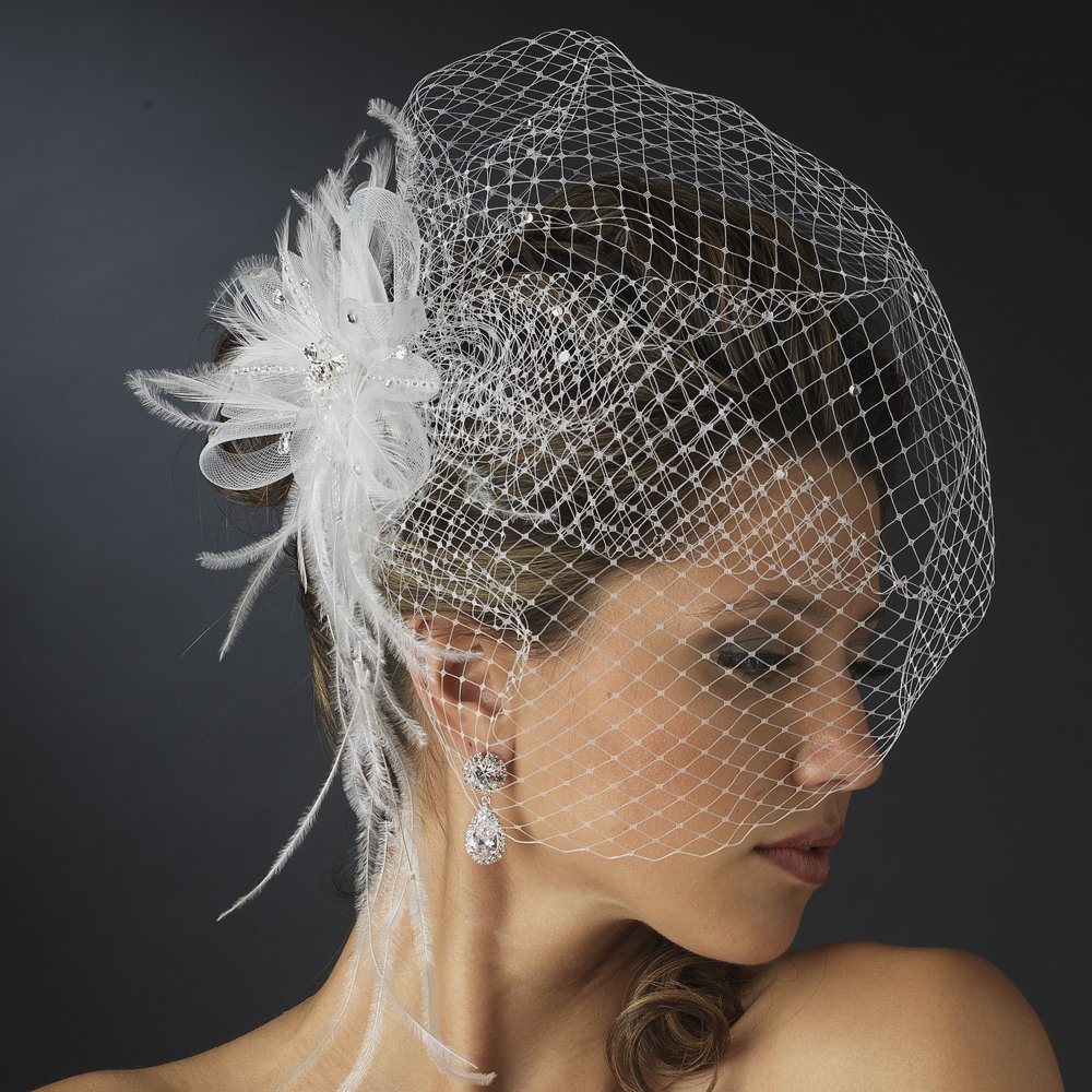 Ivory Rhinestone Birdcage Veil with Feather Fascinator Comb