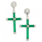 Green Jade Cross .925 Silver Dangle Long Life Earrings
