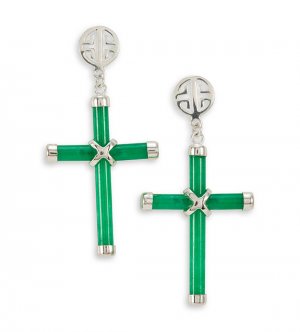 Green Jade Cross .925 Silver Dangle Long Life Earrings