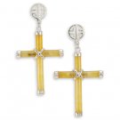 Natural Yellow Jade 925 Silver Cross Long Life Earrings
