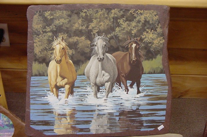GALLOPING HORSES THROUGH STREAM**ORIGINAL SANDSTONE PAINTING**SIGNED