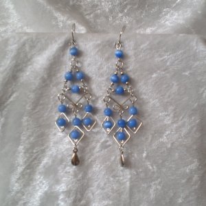 "Deep Sea Blue Diamonds" HANDMADE Peruvian EARRINGS ~Alpaca Silver Jewelry ~Cat's Eyes Beads