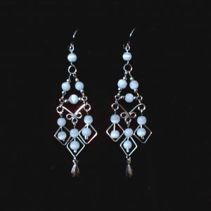 "White Pearl Diamonds" HANDMADE Peruvian EARRINGS ~Alpaca Silver Jewelry ~Cat's Eyes Beads