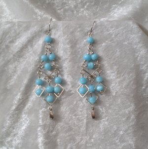 "Sky Blue Diamonds" HANDMADE Peruvian EARRINGS ~Alpaca Silver Jewelry ~Cat's Eyes Beads