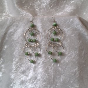 "Endless Emerald Hoops" HANDMADE Peruvian EARRINGS ~Alpaca Silver Jewelry ~Cat's Eyes Beads