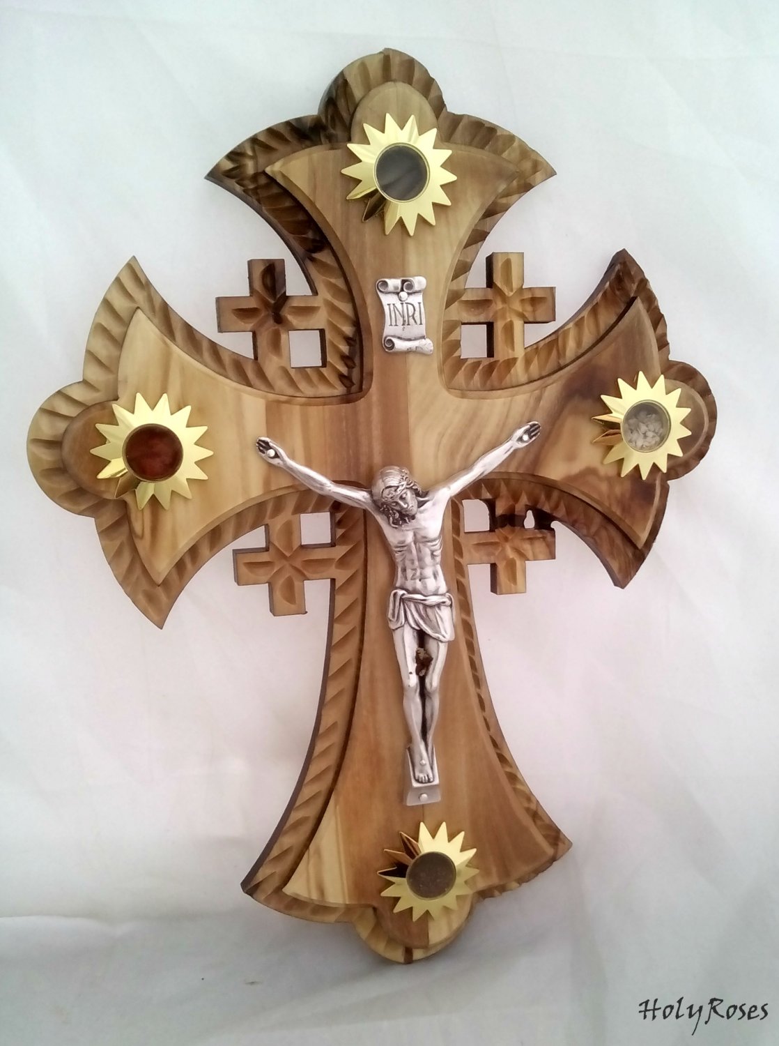 Olive Wood Jerusalem Cross Crucifix With 4 Vials 10 25cm 