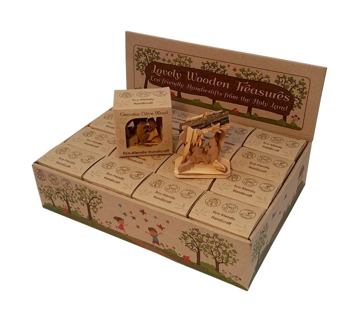 Presentation Pack - 16 Mini Olive Wood Nativities in Boxes Handcrafted Bethlehem