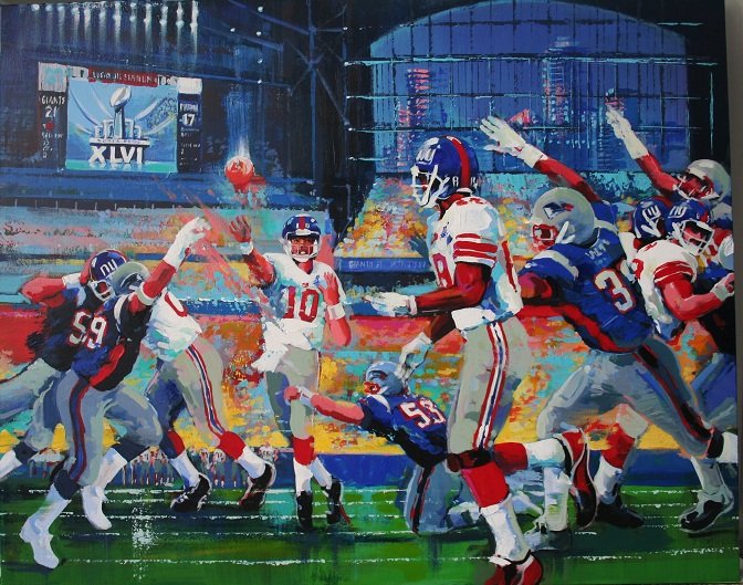 SUPER BOWL XLVI OFFICIAL PRINT by MALCOLM FARLEY, SIGNED BY NY GIANT ELI MANNING, NFL LICENSED 40X30