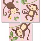 SET OF 3 PINK JUNGLE MONKEY MONKEYS NURSERY ART PRINTS