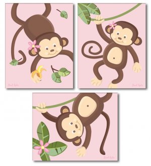 SET OF 3 PINK JUNGLE MONKEY MONKEYS NURSERY ART PRINTS