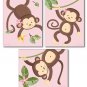 SET OF 3 PINK JUNGLE MONKEY MONKEYS NURSERY ART PRINTS