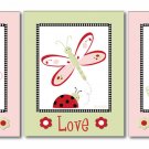 SET OF 3 LADYBUGS DRAGONFLY FLOWERS NURSERY ART PRINTS