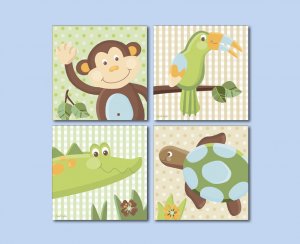 SET OF 4 PAPAGAYO JUNGLE PRINTS  MONKEY TURTLE TOUCAN