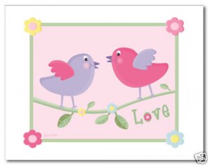 Nursery wall art print for girls LOVE BIRDS FLOWERS