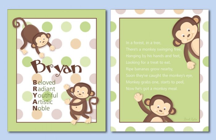 SET OF 2 MONKEY POP MONKEYS POEM&NAME WALL ART PRINTS