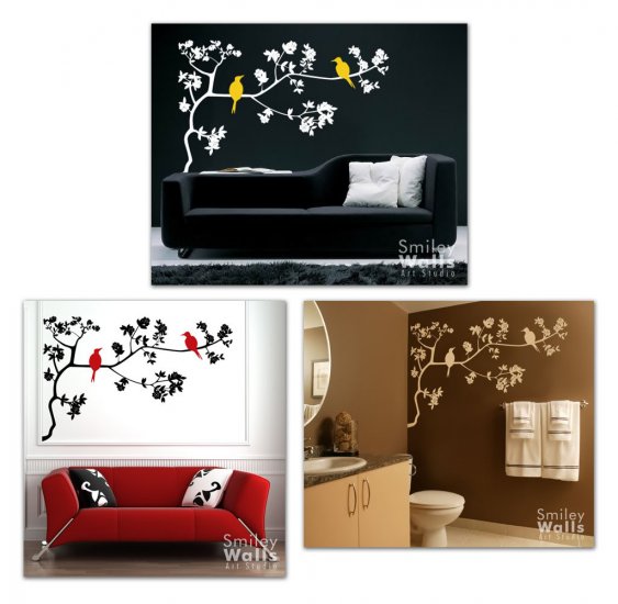 Birds on Branch with Leaves - Vinyl Wall Decal Art