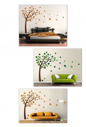 Autumn Tree with Leaves Blowing in Wind Vinyl WallDecal