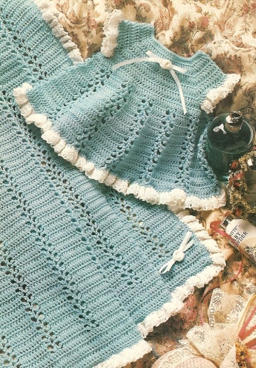 X948 Crochet PATTERN ONLY Eyelet Lace Baby Dress & Blanket