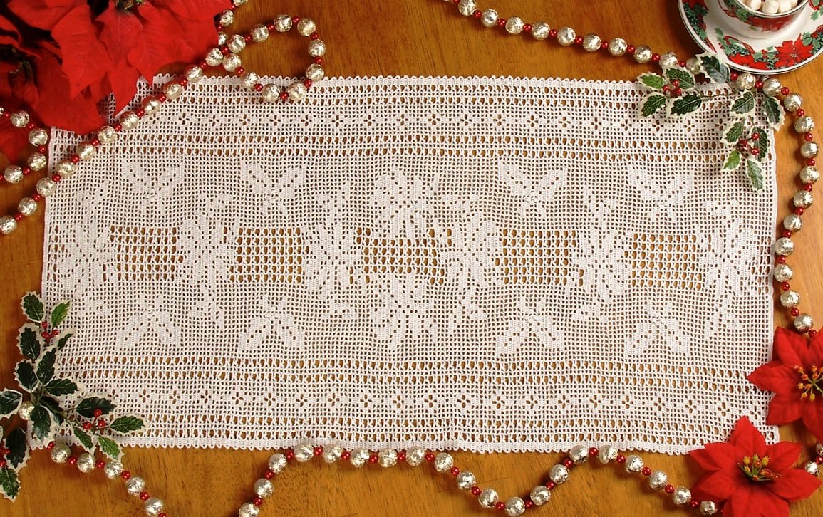 W698 Filet Crochet PATTERN ONLY Poinsettia & Holly Table Runner Scarf