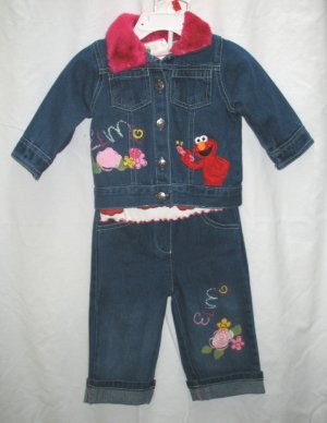 ELMO Girls 3pc Outfit Set Denim Jeans Jacket Shirt Top 12 Mo NEW