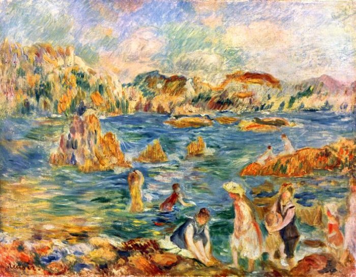 The Beach at Guernsey 1895 women children people canvas art print by Pierre-Auguste Renoir
