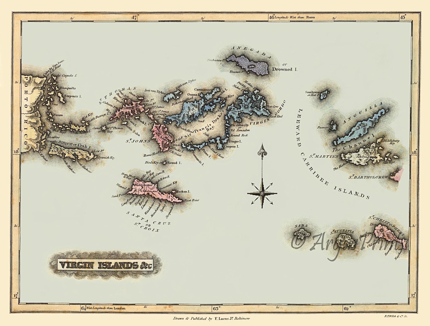 British and US Virgin Islands Danish West Indies 1823 Caribbean map by Lucas