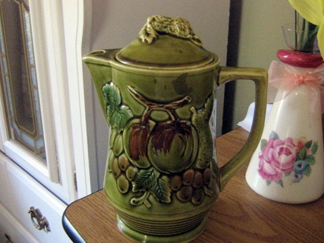 Vintage Green Porcelain Teapot Decorated with Fruit 301942