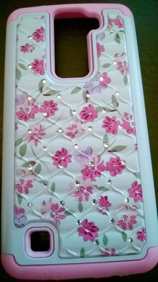 Luxury Pink and White Floral Hybrid Armor Bling Crystal Case for LG K8/Phoenix 2/Escape 3   #302255