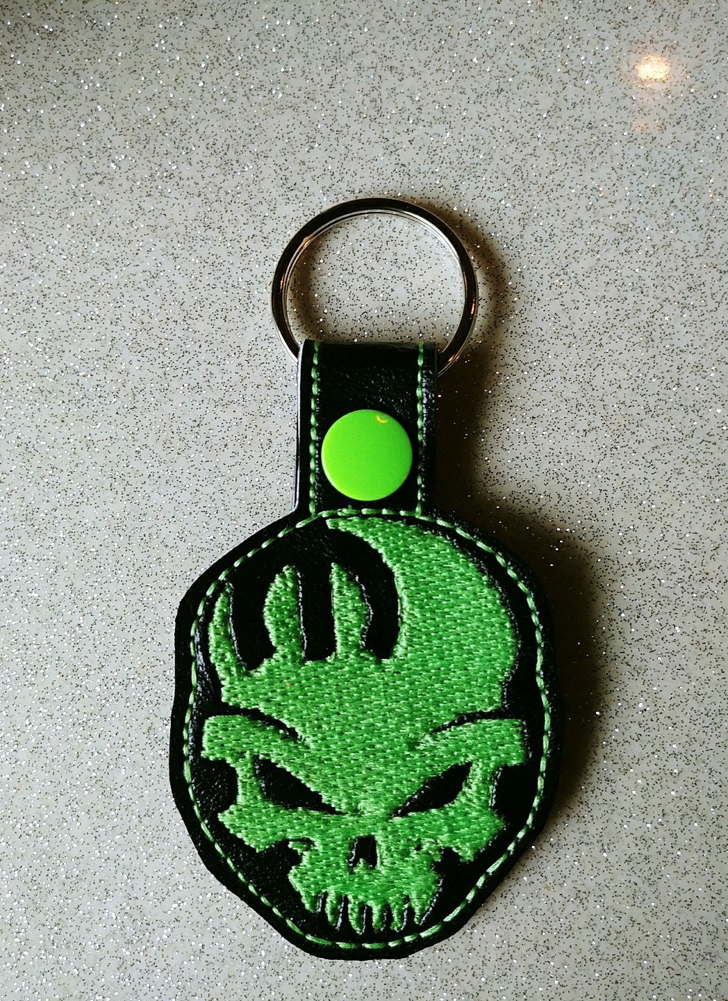 Mopar skull embroidered keychain neon green and black