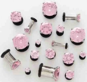 Pair 2 Gauge Pink CZ Cubic Zirconia Bling Plugs 6mm 2g