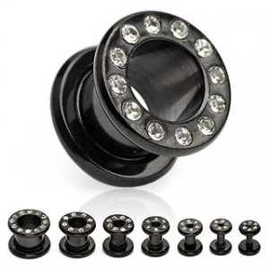 Pair 4 Gauge Clear CZ Cubic Zirconia Black Screw On Tunnels