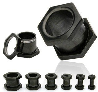 Pair 2 Gauge Black Hexagon Screw On Tunnels Ear Plugs 2g