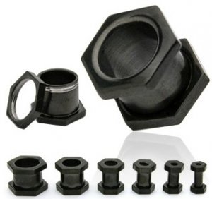 Pair 2 Gauge Black Hexagon Screw On Tunnels Ear Plugs 2g