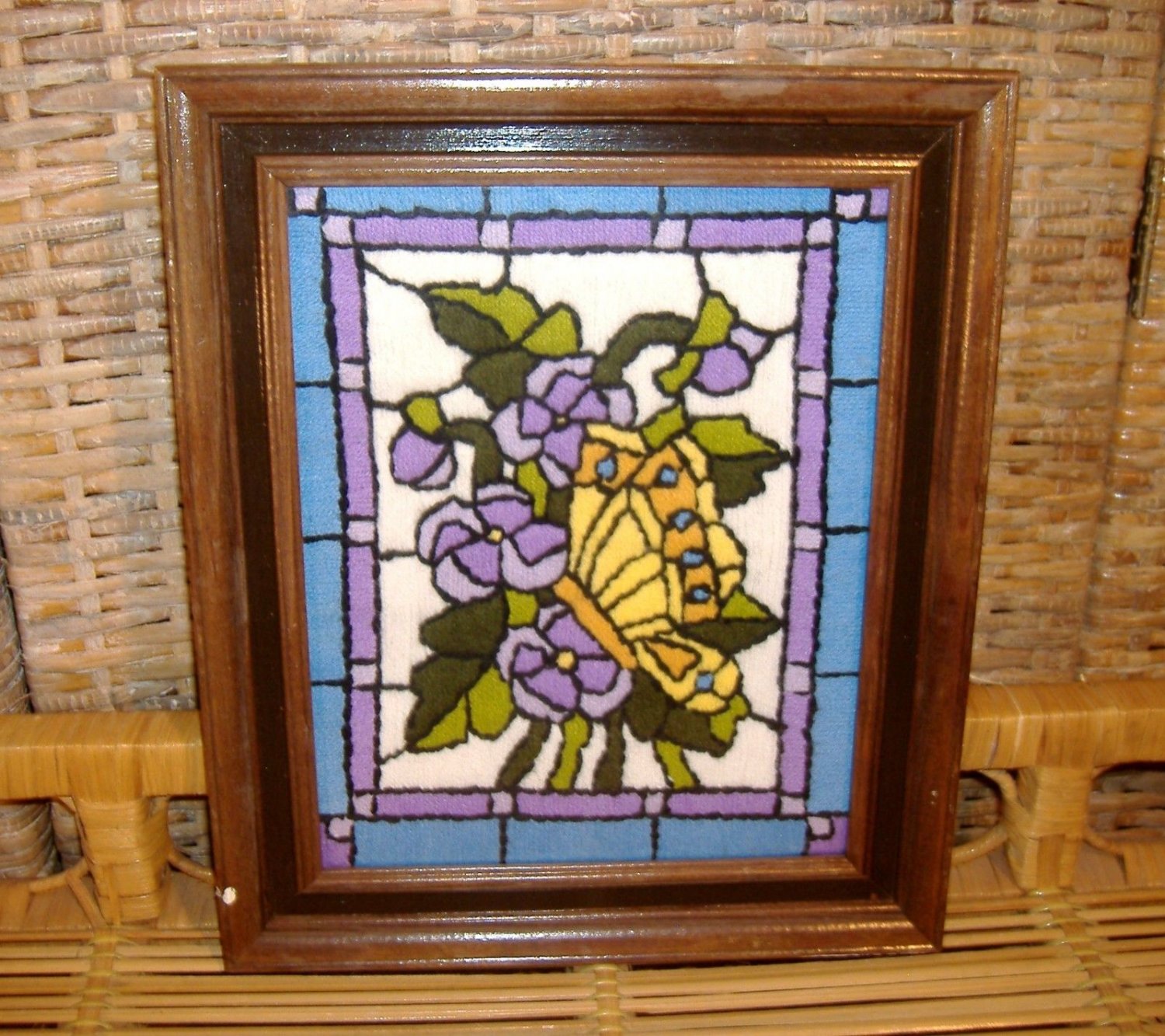 Floral Needlework Yarn Art Picture Violets Butterfly Vintage Finished