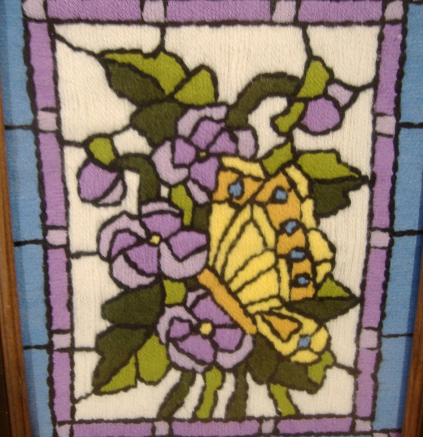 Floral Needlework Yarn Art Picture Violets Butterfly Vintage Finished