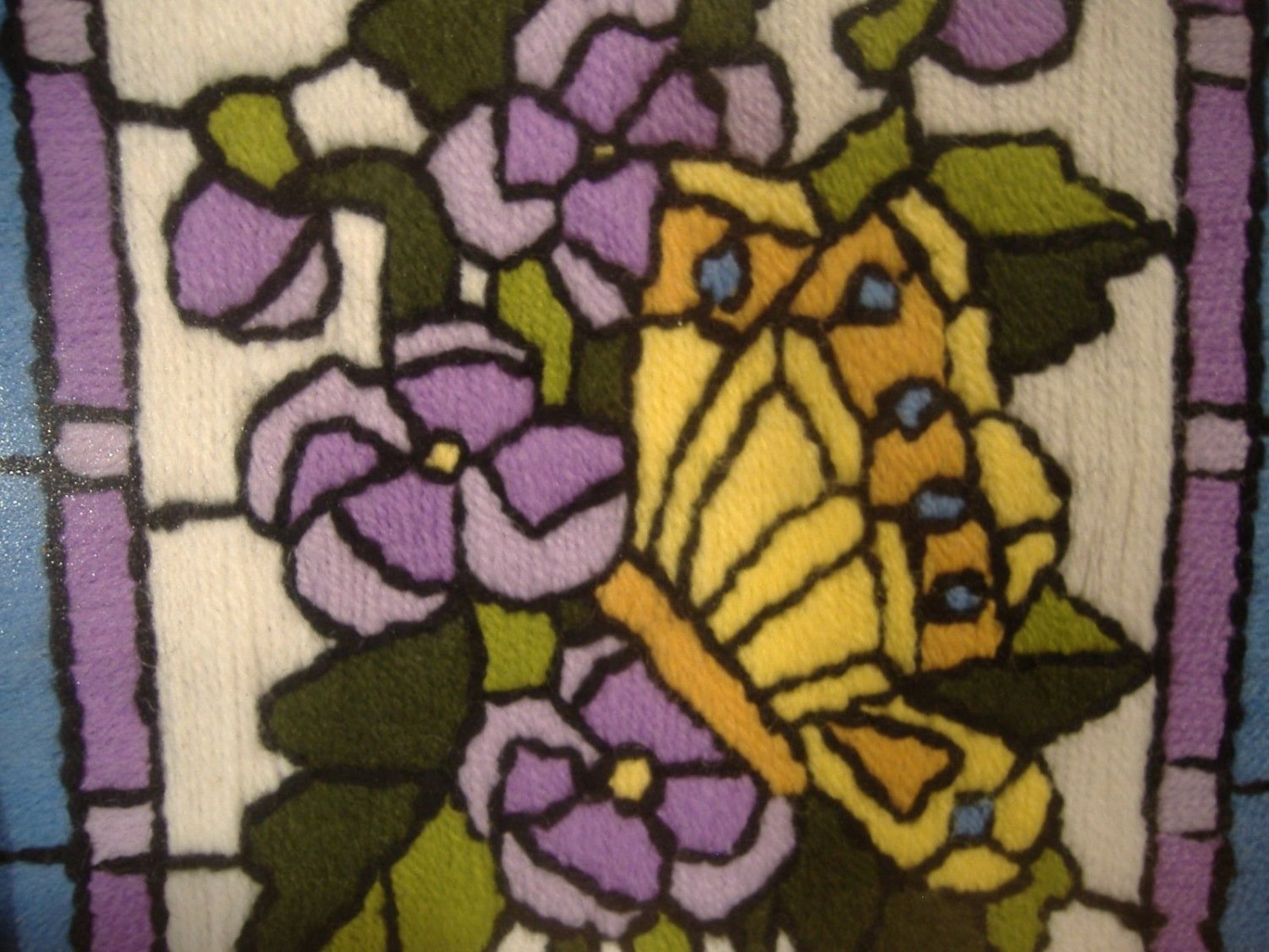 Floral Needlework Yarn Art Picture Violets Butterfly Vintage Finished