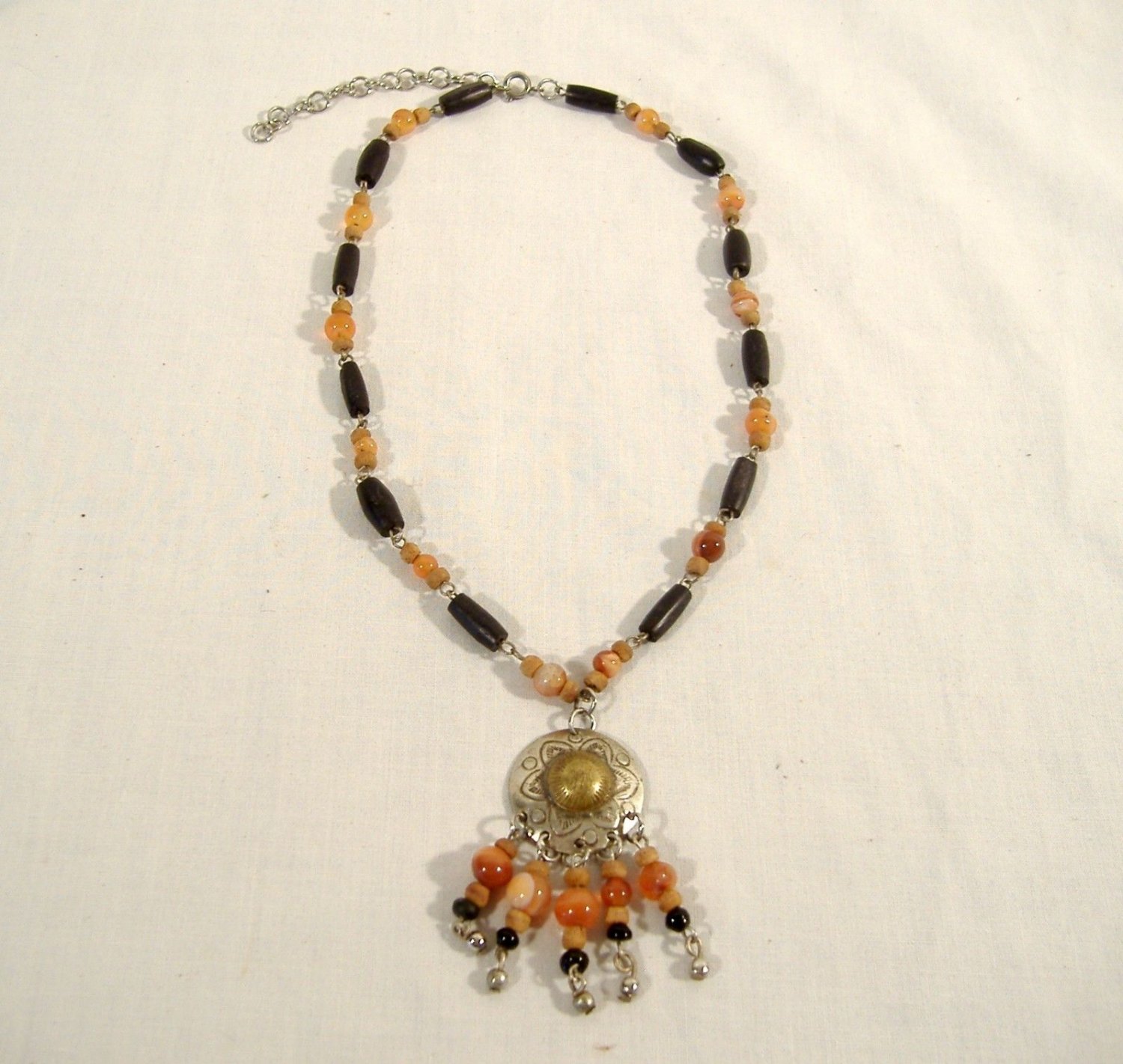 Carnelian Buffalo Horn Beads Pendant Necklace Vintage Ethnic Tribal