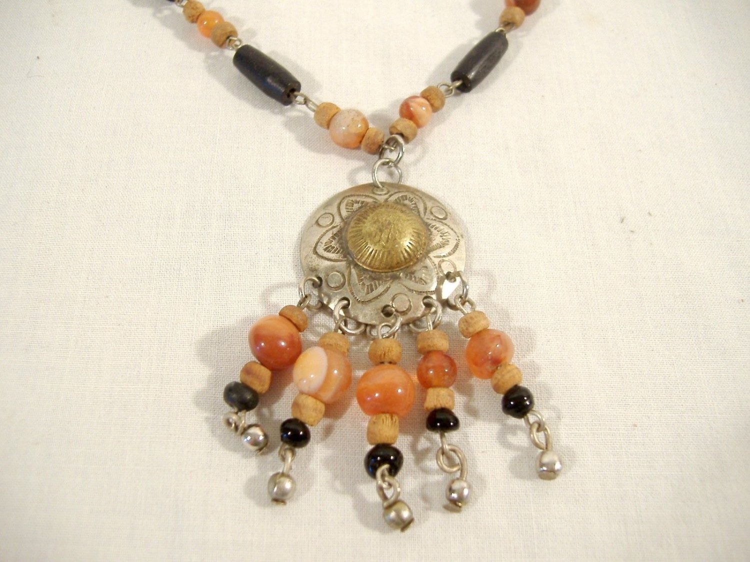 Carnelian Buffalo Horn Beads Pendant Necklace Vintage Ethnic Tribal