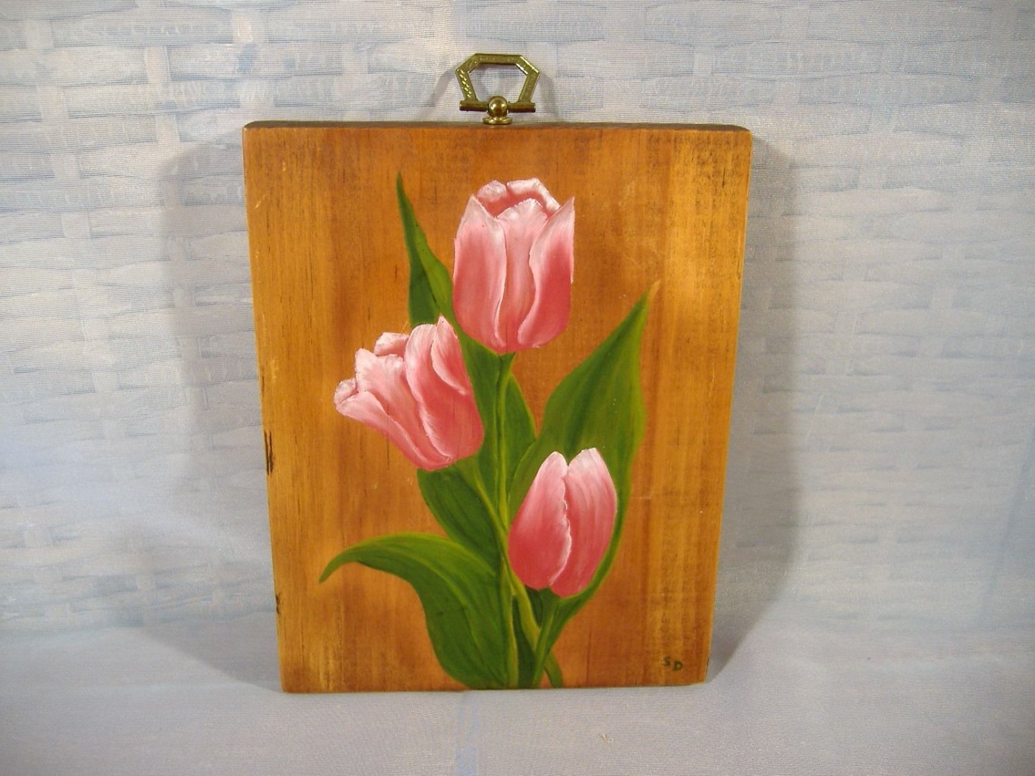 Primitive Pink Tulip Flowers Painting on Wood Folk Art
